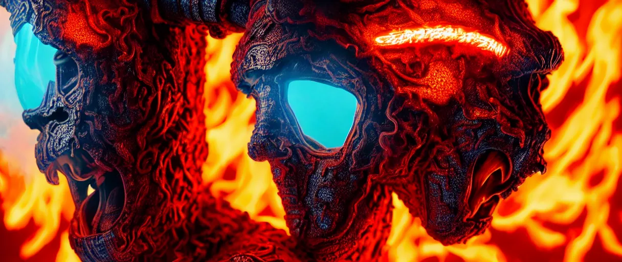 Prompt: hyperrealist highly detailed english medieval portrait of high fashion monster wearing flame fire smoke flame armor, radiating atomic neon corals, veiny network growth with neon magmapattern, concept art pascal blanche dramatic studio lighting 8k wide angle shallow depth of field