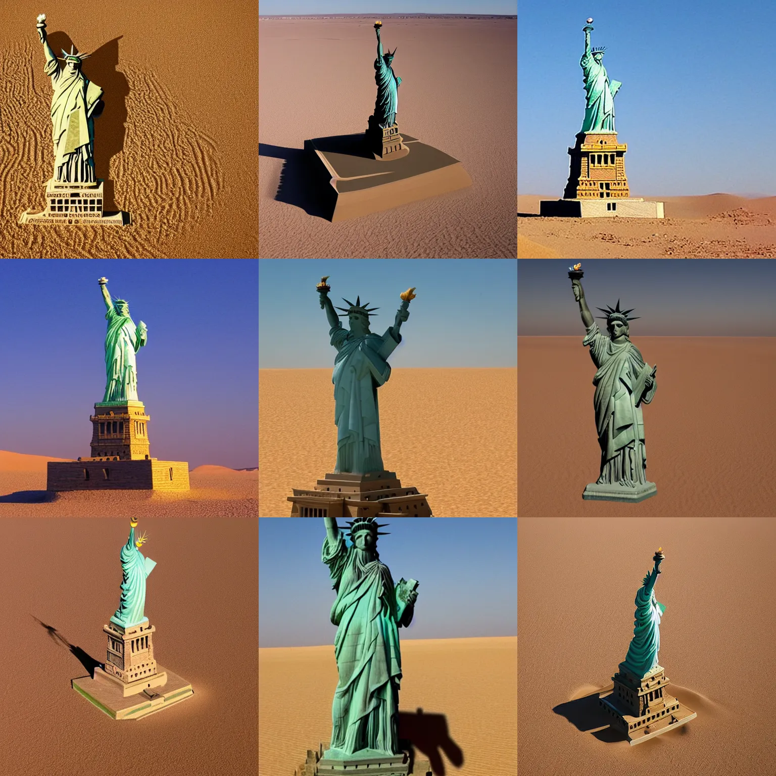 Prompt: statue of liberty made of sand in the sahara desert