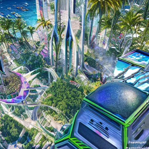 Image similar to futuristic paradise, hyperdetailed, high detail, real life picture, realistic, 8 k, hyperreal, futuristic, 3 0 9 0 ti