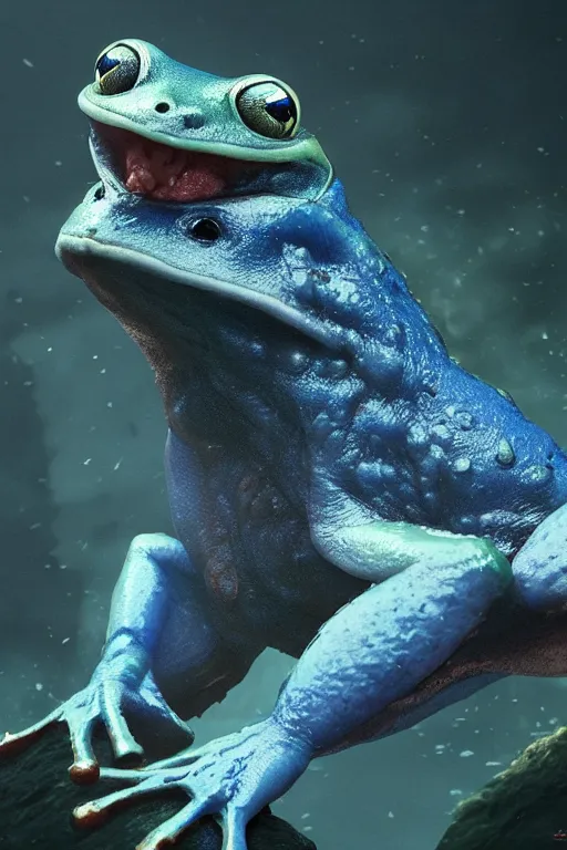 Image similar to a fancy portrait of a horrific giant blue frog by Greg Rutkowski, Sung Choi, Mitchell Mohrhauser, Maciej Kuciara, Johnson Ting, Maxim Verehin, Peter Konig, Bloodborne , 8k photorealistic, cinematic lighting, HD, high details, atmospheric , trending on artstation