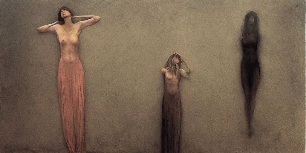 Image similar to a clothed woman posing, wearing clothes,feeling of surrender, by Zdzislaw Beksinski and Marat Safin