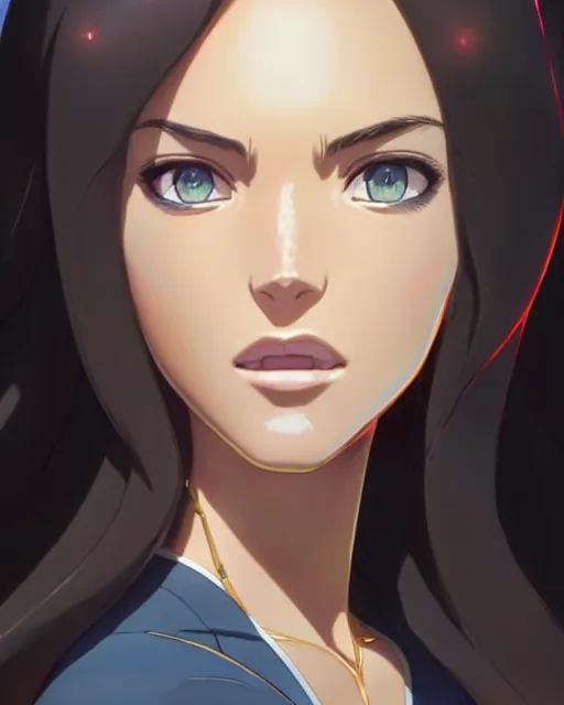 Prompt: azctec princess, megan fox, gemstone forehead, detailed perfect face, exquisite details, fire magic, mid view, design on a white background, by studio muti, greg rutkowski makoto shinkai takashi takeuchi studio ghibli