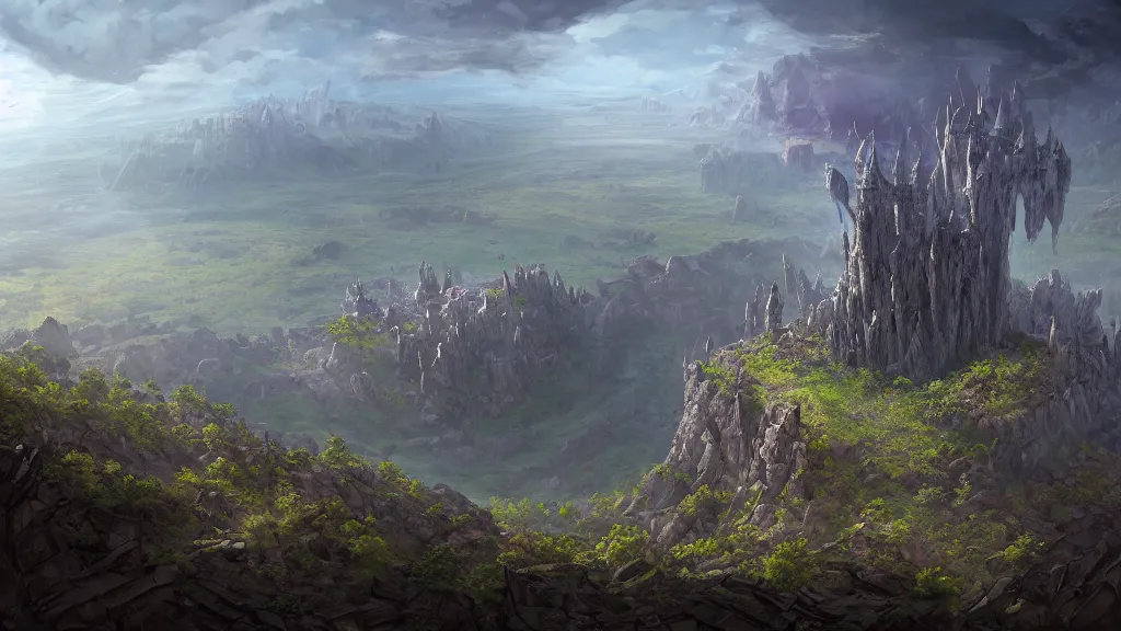 Prompt: a big meteor crater in the middle of a perennial forest, barren ruins of an old fantasy castle around the crater, a populous medieval rich fantasy city castle built inside the crater, digital fantasy art, bird's-eye view, tall mountains in the horizon, 8k, in the style of Noah Bradley -9 —steps 150