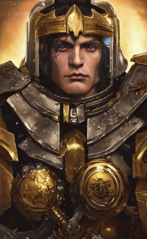 Image similar to warhammer 40k, half-lenght portrait of Emperor of Mankind, beautiful man without helmet, gold armor, beautiful face, long blonde hair, digital art, illustration, fine details, cinematic, highly detailed, octane render