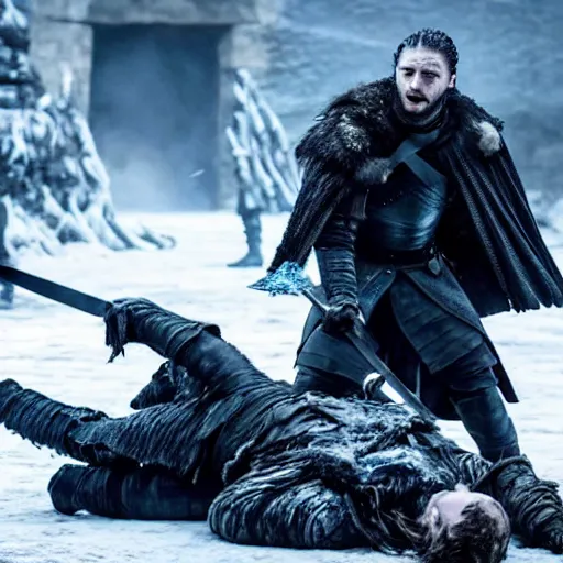 Image similar to the night king killing jon snow, still from game of thrones