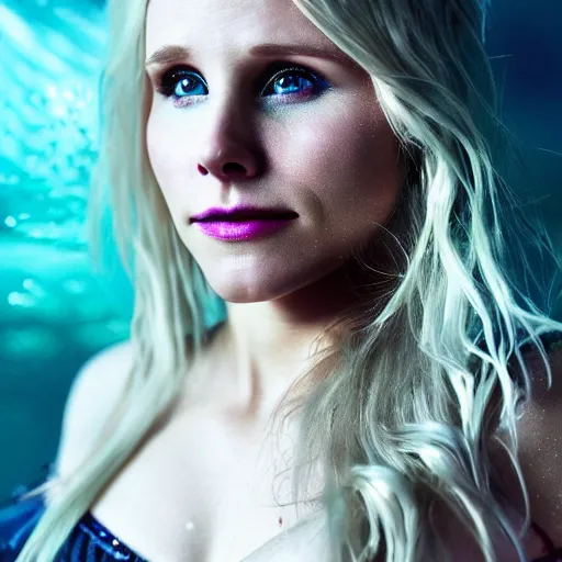 Prompt: Kristen Bell as a mermaid, grungy, unkept hair, glowing eyes, modelsociety, wet from rain, radiant skin, huge anime eyes, bright on black, dramatic, studio lighting, perfect face, intricate, Sony a7R IV, symmetric balance, polarizing filter, Photolab, Lightroom, 4K, Dolby Vision, Photography Award