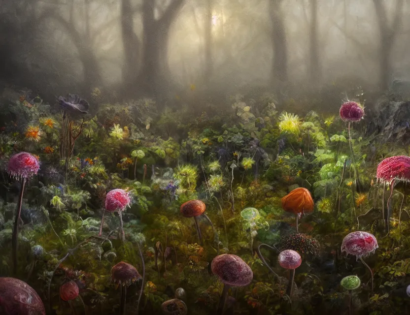 Prompt: hyphae of an amorphous, gooey life form spreading over a cottage garden in a beautiful foggy morning. oil painting, indie concept art, bloom, chiaroscuro, backlighting, intricate details, depth of field.