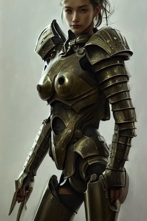 Prompt: a photorealistic painting of an attractive young girl, partially clothed in metal-plated battle armor, olive skin, long dark hair, beautiful bone structure, symmetrical face, perfect eyes, intricate, elegant, digital painting, concept art, illustration, sharp focus, minimal artifacts, from Metal Gear, in the style of Ruan Jia and Mandy Jurgens and Greg Rutkowski, trending on Artstation, award winning