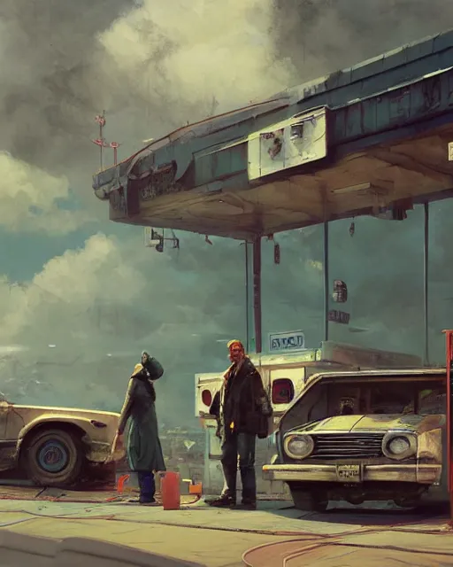 Image similar to a highly detailed epic cinematic concept art CG render digital painting artwork: Soviet diesel punk at a gas station. By Greg Rutkowski, in the style of Francis Bacon and Syd Mead and Norman Rockwell and Beksinski, open ceiling, highly detailed, painted by Francis Bacon and Edward Hopper, painted by James Gilleard, surrealism, airbrush, Ilya Kuvshinov, WLOP, Stanley Artgerm, very coherent, triadic color scheme, art by Takato Yamamoto and James Jean