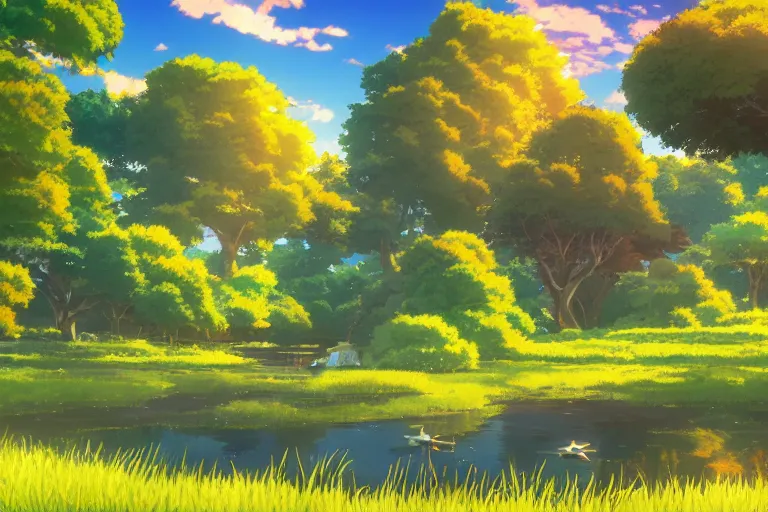 Image similar to anime screenshot wide-shot landscape with river and meadow hill, forest on the horizont, beautiful ambiance, golden hour, studio ghibli style, by hayao miyazaki, tom moor, sharp focus, highly detailed,