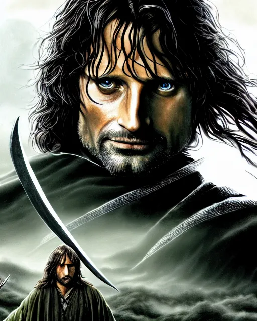 Prompt: Aragorn from Lord of the rings, Cover art by Stephen Bliss, boxart, loading screen, 8K resolution