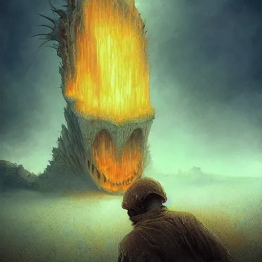 Prompt: unknown creature destroys building in flames, highly detailed, digital image, artstation concept art, smooth, sharp focus, artgerm, alphonse fly, photorealistic by beksinski