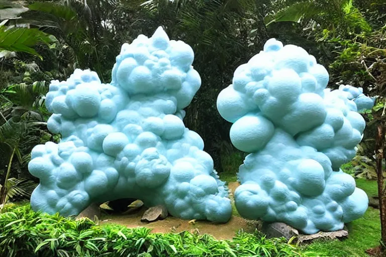 Prompt: a huge flock of many smooth puffy marvelous cloud sculptures and whirling ultra detailed gemstone crystal sculptures, art nouveau jungle environment, playful, award winning art, epic dreamlike fantasy landscape, ultra realistic,