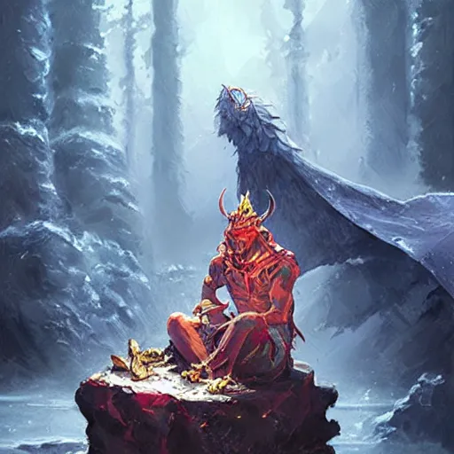Prompt: Demon king eating gemstones while sitting on a treasure pile, oil painting by Greg Rutkowski