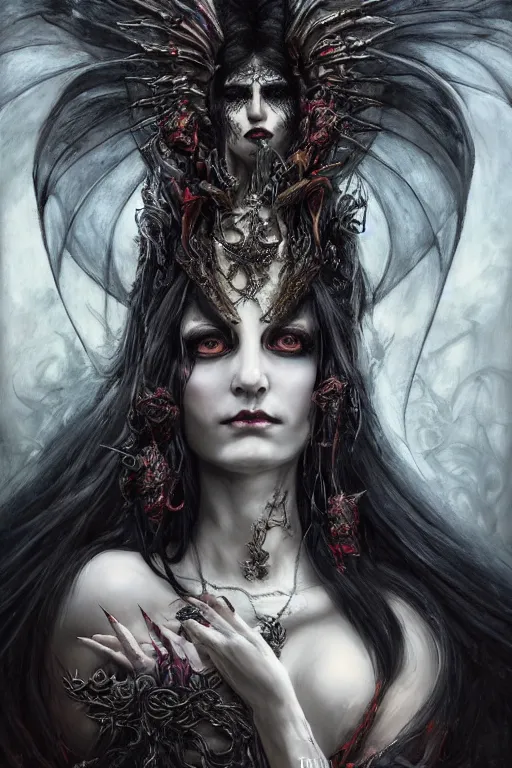 Prompt: very complex hyper-maximalist overdetailed cinematic darkfantasy portrait of a malignant beautiful dragon queen with long black hair and wings, pale skin and dark eyes, grinning angry confused, gothic, vibrant high contrast, by andrei riabovitchev, tomasz alen kopera, oleksandra shchaslyva. Omnious intricate, octane, Deviantart, hyper detailed illustration, 8k