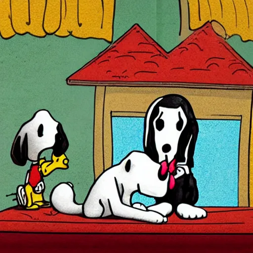 Image similar to snoop dog lying on top of snoopy's dog house, high detail