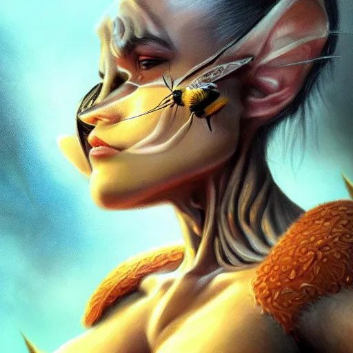 Image similar to portrait of a bee, muscular, wild, D&D, fantasy, intricate, cinematic lighting, highly detailed, digital painting, artstation, concept art, smooth, sharp focus, illustration, art by Hajime Sorayama