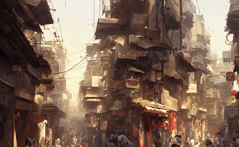 Prompt: A busy and crowded Persian and Japanese style Middle Eastern street .Realistic concept art, 4k, full of details. Digital art. Greg Rutkowski