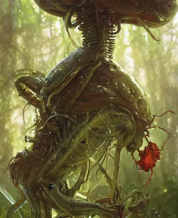 Prompt: portrait of a wet slimy alien insect creature, adorable, childlike, overgrown environment, ultra realistic, concept art, psychedelic, photorealistic, octane render, 8 k, unreal engine. art by christopher marley and artgerm and greg rutkowski and alphonse mucha