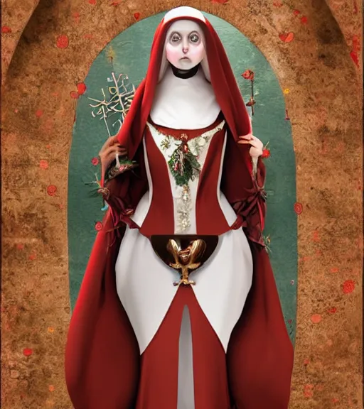 Image similar to beautiful female character inspired by venice carnival, christmas and nun | | digital artwork made by greg rutswork, anna dittmann and lois van barlee, symmetrical, anatomically correct