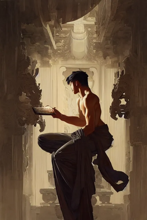 Image similar to male, temple, taoism, painting by greg rutkowski, j. c. leyendecker, artgerm