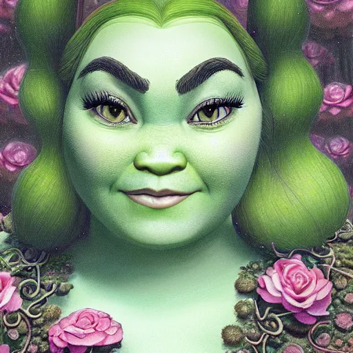 Image similar to a beautiful detailed front view portrait of princess fiona from shrek with ornate growing around, ornamentation, flowers, elegant, beautifully soft lit, by wayne barlowe, peter mohrbacher, kelly mckernan,