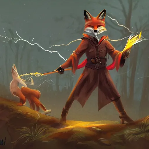 Prompt: the fox magician cast a thunder spell with his staff, artstation