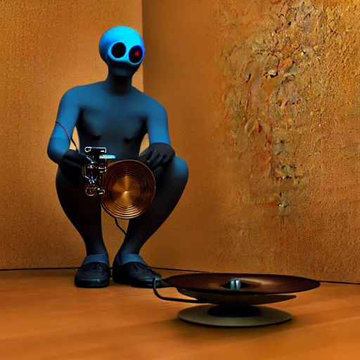 Image similar to cyborg sitting Infront of snake who's getting into gramophone, high quality image, 3Drender, long shot denoise