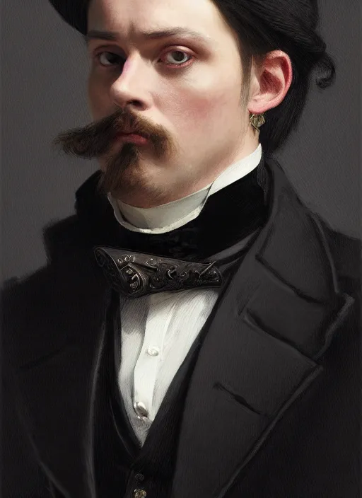 Image similar to 3 / 4 view of a portrait of man in victorian clothing, confident pose, intricate, elegant, sharp focus, illustration, highly detailed, concept art, matte, trending on artstation, goth, art by james jean and artgerm and brian despain and alberto mielgo, greg rutkowski, wlop, ilya kuvshinov, strong strokes