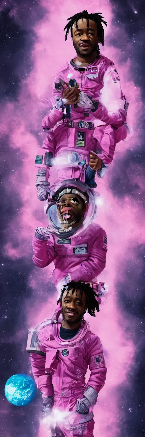 Image similar to Cinematic full body portrait of Lil Uzi Vert wearing a pink spacesuit, cinematic photograph, matte painting, trending on artstation, space clouds art