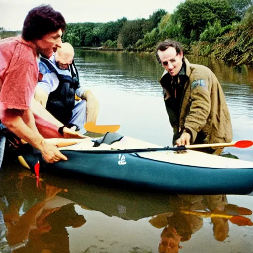 Image similar to mister rivers, johnny halliday and eddy barclay constructing a kayak in normandy, realistic, lomographie,