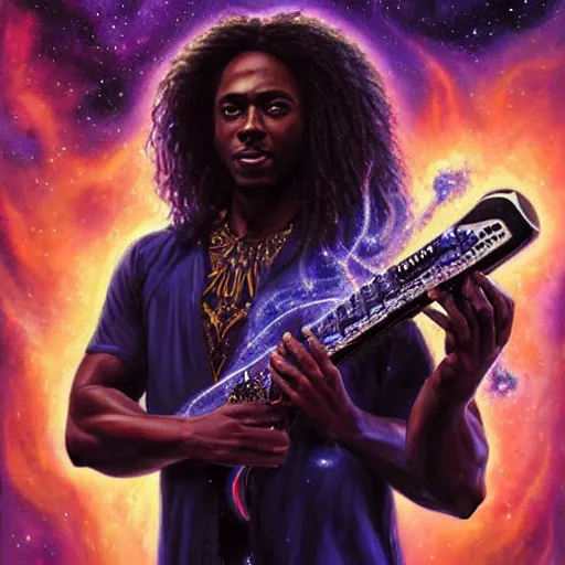 Prompt: beautiful oil painting with high detail of a black man with long curly hair made of stars and nebulas, holding a futuristic electric guitar and art direction by James Cameron; by artgerm; wayne reynolds art station; cinematic quality character render; low angle; ultra high quality model; production quality cinema model; Fleshless