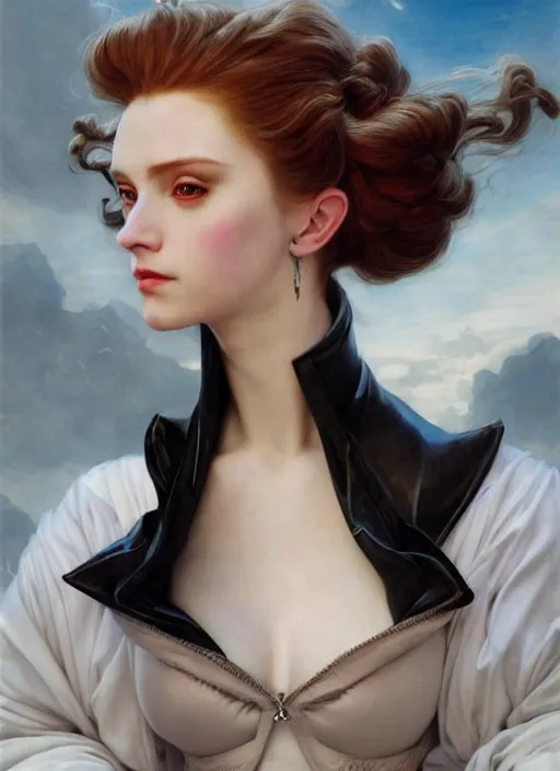 Prompt: princess demon half human, elegant, wearing a bomber jacket, armor, hyper realistic, white horns, extremely detailed, dnd character art portrait, fantasy art,, dramatic lighting, vivid colors, artstation, by edgar maxence and caravaggio and michael whelan and delacroix, lois van baarle and bouguereau