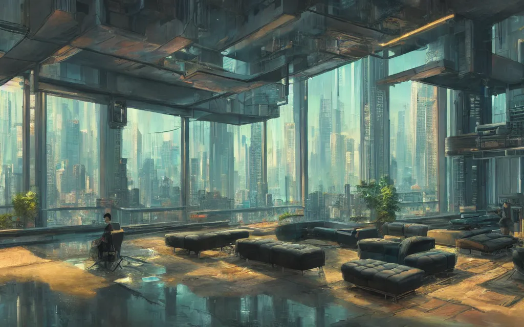 Image similar to cyberpunk loft lounge with tall windows, no people, city in background, drawn by feng zhu, sparse plants, dim painterly lighting volumetric aquatics, impasto