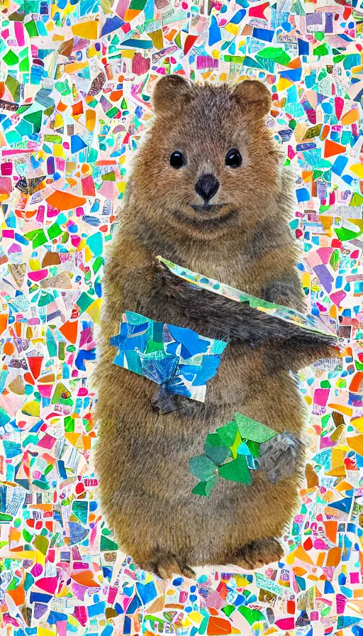 Image similar to detailed illustration, a portrait of a happy quokka on rotttnest island constructed from colored paper, collage, may gibbs, layered composition, layers, texture, textured, layered, sculpted, dynamic, 🦋, 🌱,