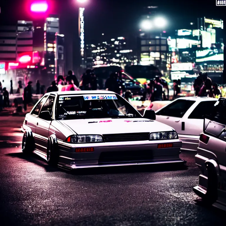 Image similar to a car JZX90 twin turbo drift at illegal car meet, Shibuya prefecture, city midnight mist lights, cinematic lighting, photorealistic, highly detailed wheels, high detail