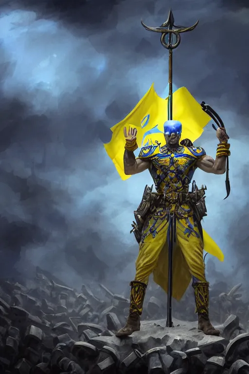 Image similar to a distant shot of a Ukrainian super soldier with blue and yellow flag behind him and a trident symbol on the chest standing alone on a huge pile of skulls posing as a winner in a beam of light from the cloudy sky, masculine muscular figure, D&D, fantasy, intricate, elegant, highly detailed, extremely detailed, digital painting, artstation, concept art, matte, smooth, hyper realistic, sharp focus, illustration, art by Artgerm and Greg Rutkowski and Alphonse Mucha