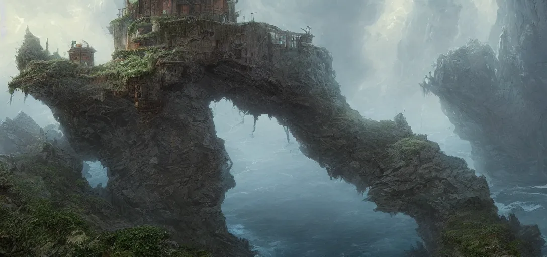 Prompt: old big mansion hanging over a cliff, overseeing an ocean, horror, fog, scary, hyper detailed, 8k, james gurney, greg rutkowski, john howe, artstation