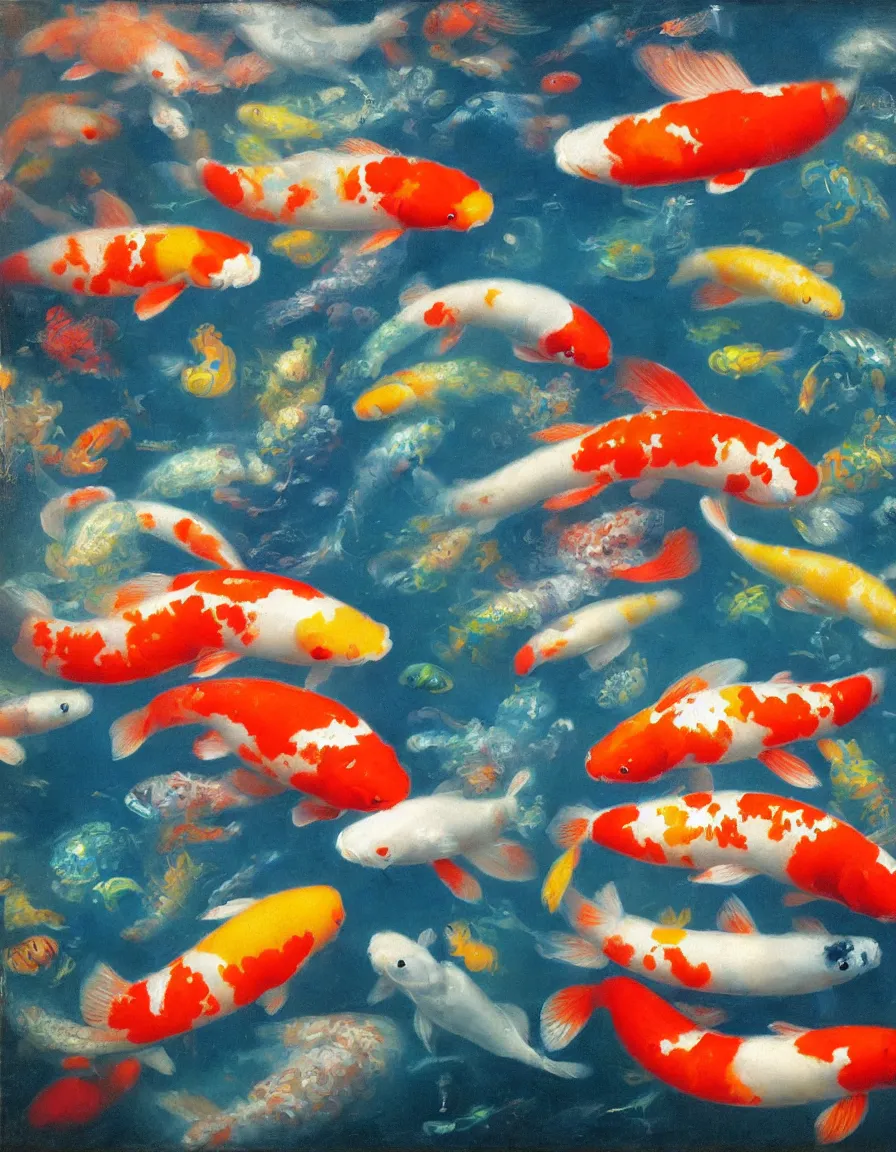 Image similar to koi fishes swimming in the sky and under the sea, ambrosius benson, oil on canvas, paul lehr, hyperrealism, around the edges there are no objects