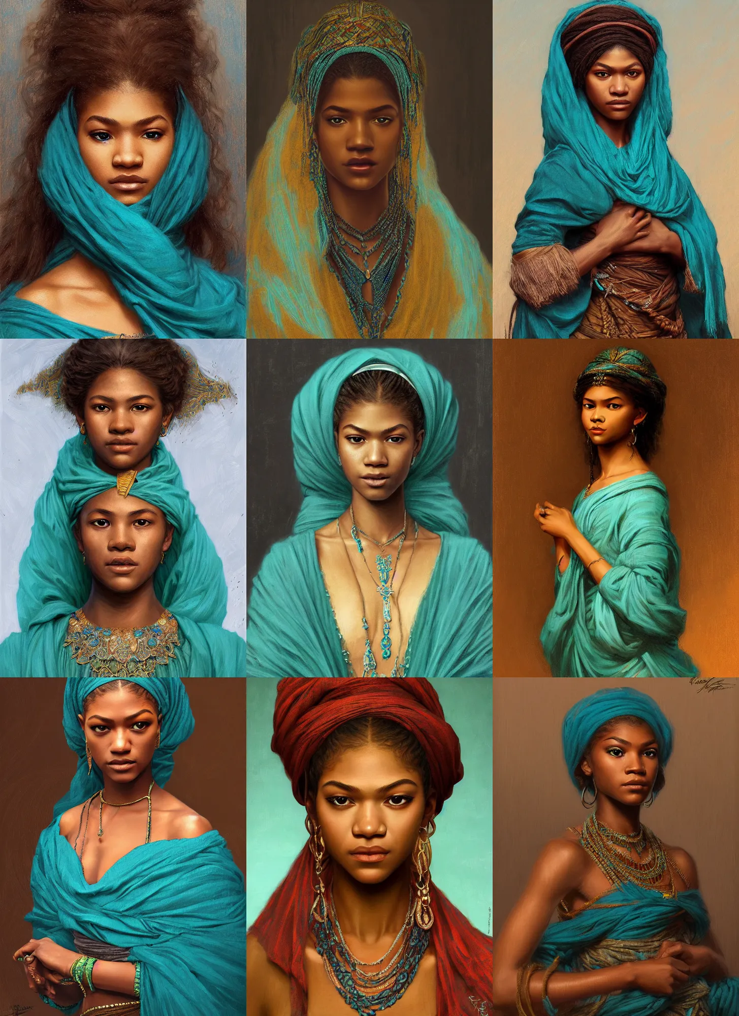 Prompt: portrait zendaya nigerian princess, teal cloth, intricate, elegant, highly detailed, digital painting, artstation, concept art, smooth, sharp focus, illustration, orientalism, edwin long, theodore ralli, aleksi briclot, rutkowski, bouguereau