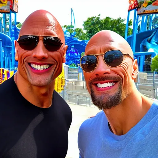 Prompt: dwayne Johnson and jerma985 selfie photograph at amusement park
