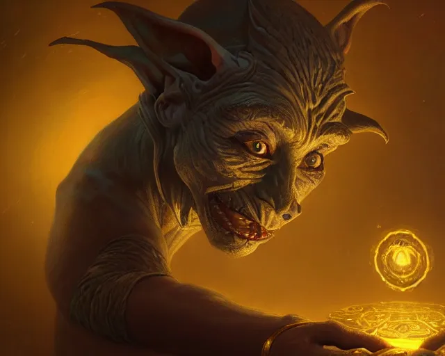 Image similar to a 4 k cinematic screenshot still portrait of a goblin in a dark liminal space room surrounded by gold, deep focus, d & d, fantasy, intricate, elegant, highly detailed, digital painting, art station, concept art, matte, sharp focus, illustration, dark fantasy style art, hearthstone, art by artgerm and greg rutkowski and alphonse mucha