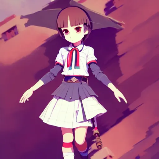 Image similar to a beautiful! boyish! natalie portman model, wearing catholic school girl outfit with mayan pattern and native style, jrpg aztec street fashion, gapmoe yandere grimdark, trending on pixiv fanbox, painted by greg rutkowski makoto shinkai takashi takeuchi studio ghibli, akihiko yoshida