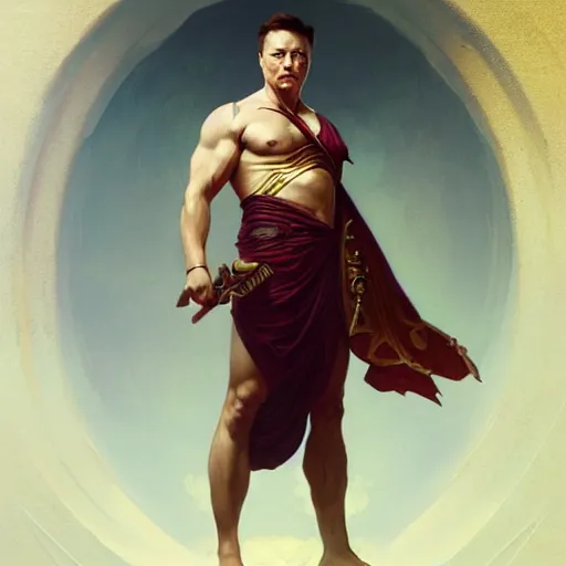 Image similar to Elon Musk as a Greek god, gorgeous, amazing, muscular, fit, intricate, highly detailed, digital painting, artstation, concept art, sharp focus, illustration, art by greg rutkowski and alphonse mucha