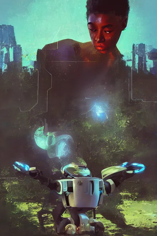 Image similar to a black kid playing with a futuristic robot in the nature, mixing solarpunk, afropunk, cyberpunk, ( ( ( ( volumetric light ) ) ) ), high angle, part by pearl fryar, part by prince damah, sunny day, trending on artstation, cinematic view, illustration, painting, realistic