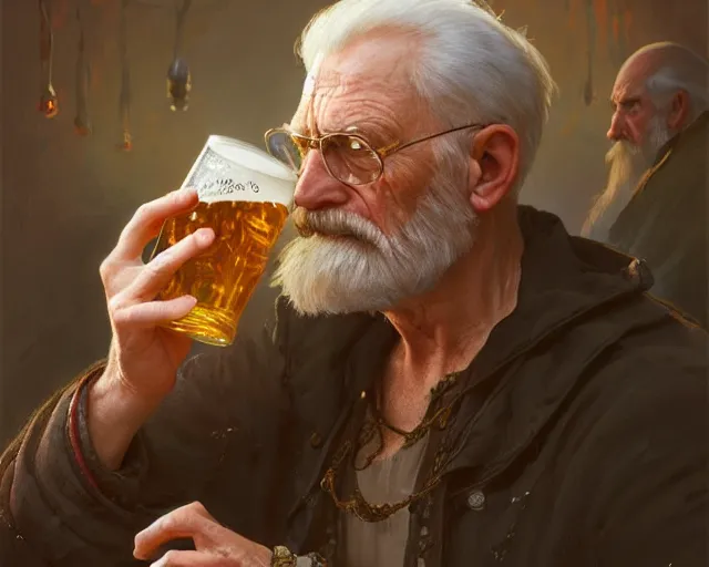 Image similar to detailed vision of an old man frowning as he drinks a beer, deep focus, d & d, fantasy, intricate, elegant, highly detailed, digital painting, artstation, concept art, matte, sharp focus, illustration, hearthstone, art by artgerm and greg rutkowski and alphonse mucha