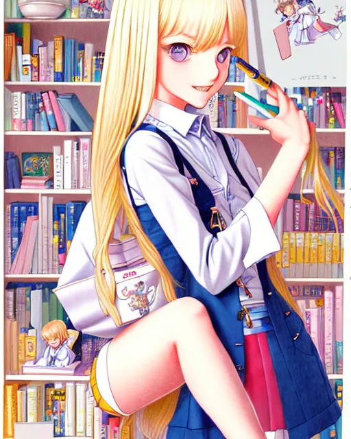 Image similar to illustration depicting a wealthy young mischievous female prep school student with medium length bright blonde hair and pale skin in her father's den, complex artistic style, color ink pen illustration, subtle detailing, illustrated by Artgerm and Range Murata.