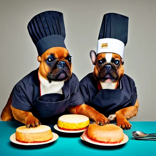 Image similar to a 8k highly detailed still photo by Anne Geddes of Two multi-colored French Bulldogs in chef hats and aprons starring on a cooking show
