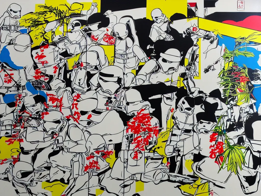 Image similar to hyperrealism composition of the japanese home with a garden, detailed stormtrooper in hot springs, pop - art style, jacky tsai style, andy warhol style, roy lichtenstein style, acrylic on canvas