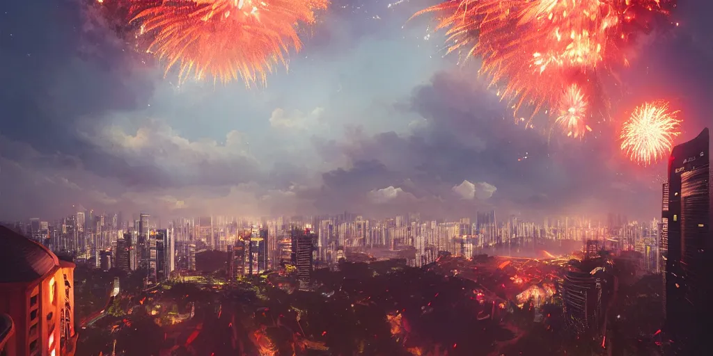 Prompt: Singapore city with a lion-shaped!!!!! cloud in the sky and fireworks in the sky, by greg rutkowski, red and white lighting, digital art, ultra realistic, ultra detailed, photorealistic, 4k, character concept